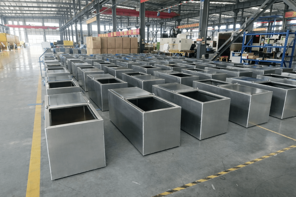 Batch of aluminum truck tool boxes staged on factory floor before final assembly and packaging.