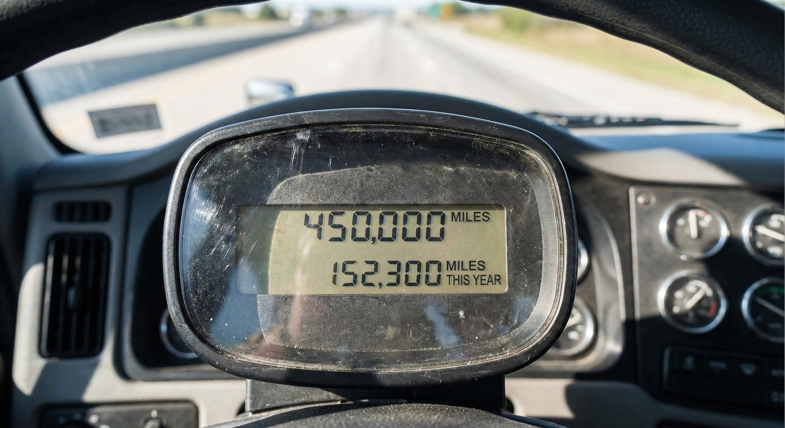 Truck odometer showing over 150,000 miles driven in a single year, illustrating high-mileage long-haul fleet operations