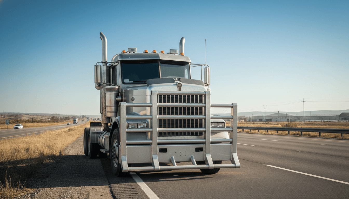 Heavy-duty semi truck equipped with an aluminum moose bumper driving on a North American highway for front-end collision protection