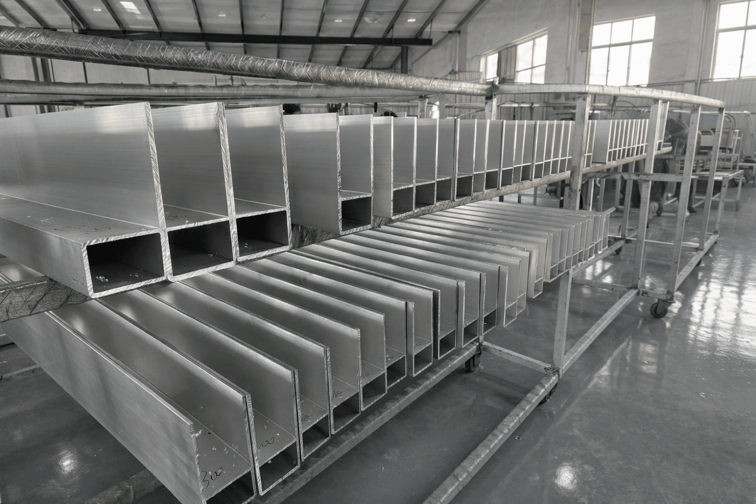 Aluminum structural bumper components and extrusions staged on racks inside a clean heavy-duty truck accessory manufacturing workshop
