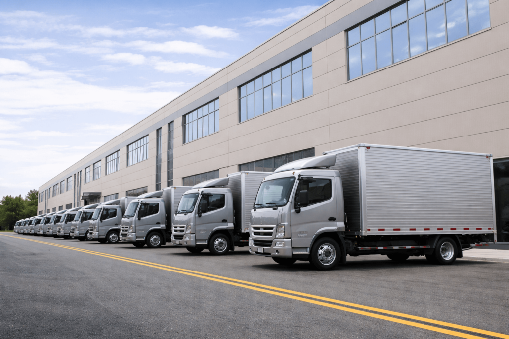 Gray medium-duty trucks with aluminum box bodies lined up outside a manufacturing facility