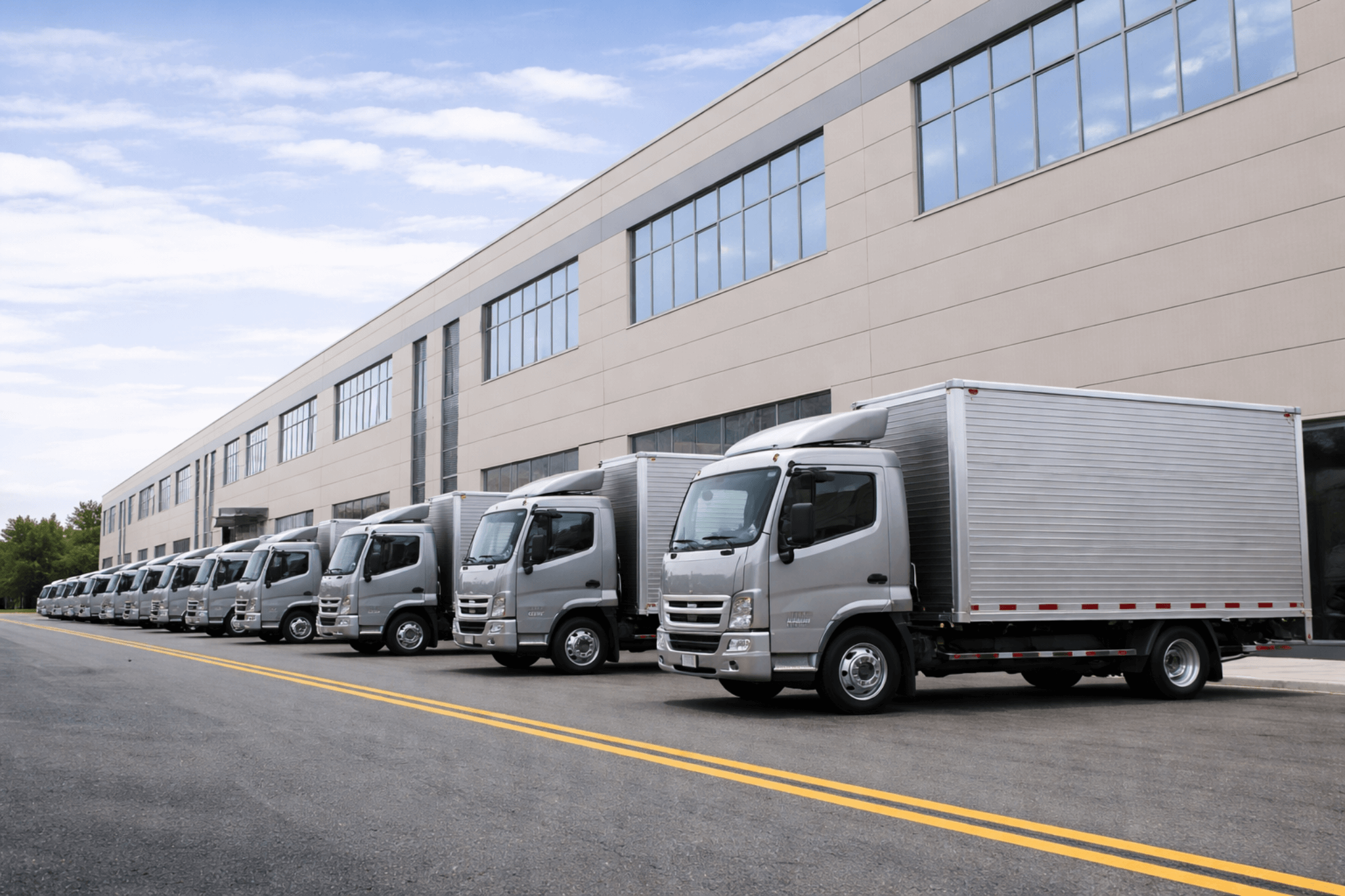 Gray medium-duty trucks with aluminum box bodies lined up outside a manufacturing facility