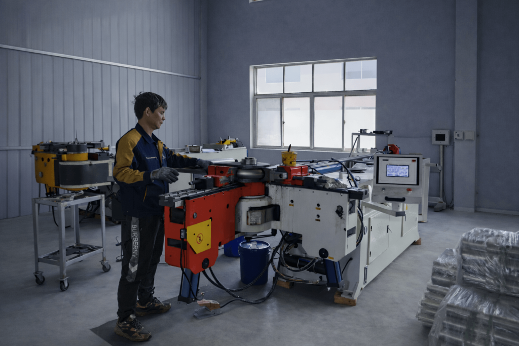 CNC tube bending machine forming metal tubes for heavy-duty truck accessory manufacturing