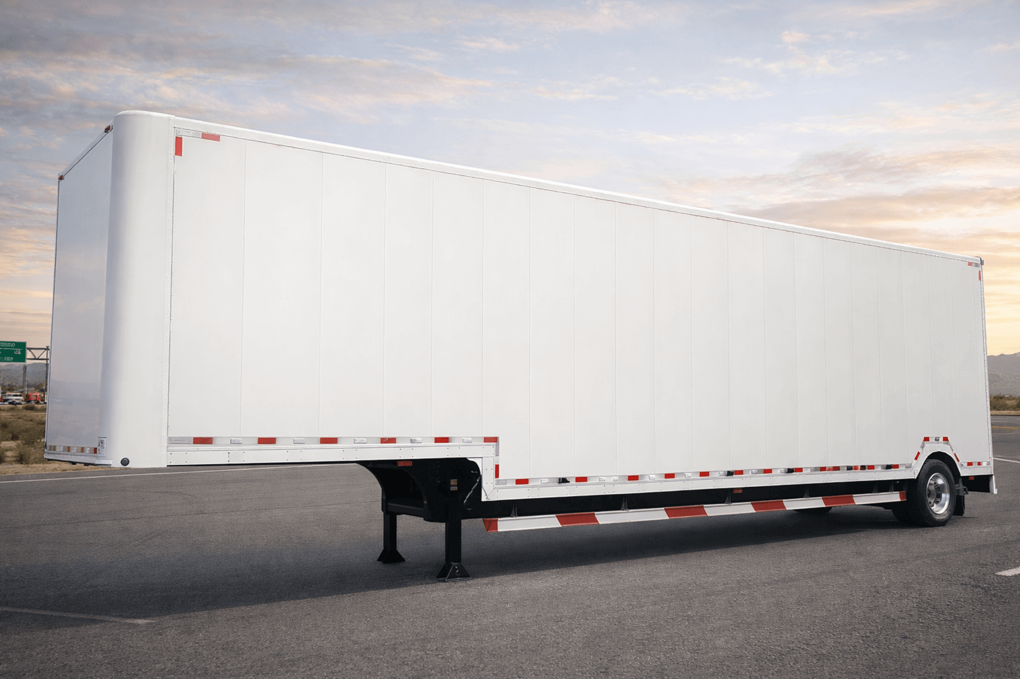 White aluminum dry van trailer side view for commercial fleet cargo transportation