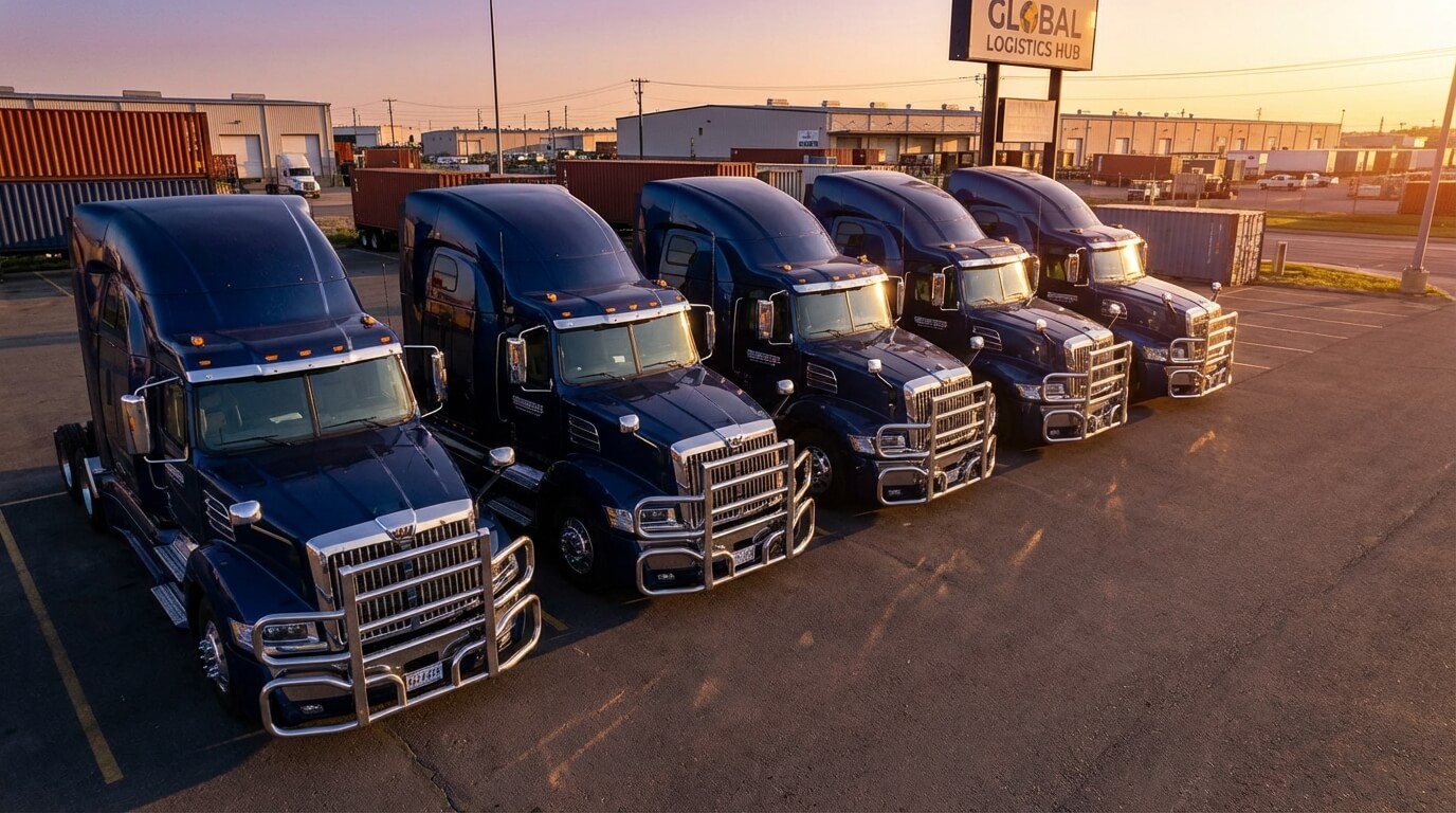 Heavy-duty semi truck fleet equipped with stainless steel grille guards parked at logistics hub