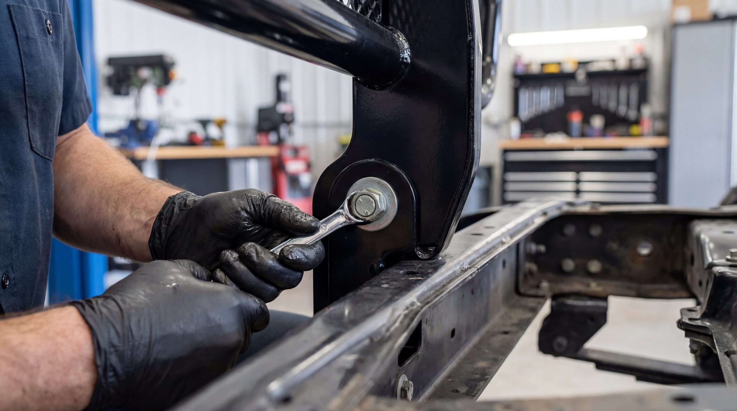Technician installing frame-mounted steel grille guard onto truck chassis with wrenc