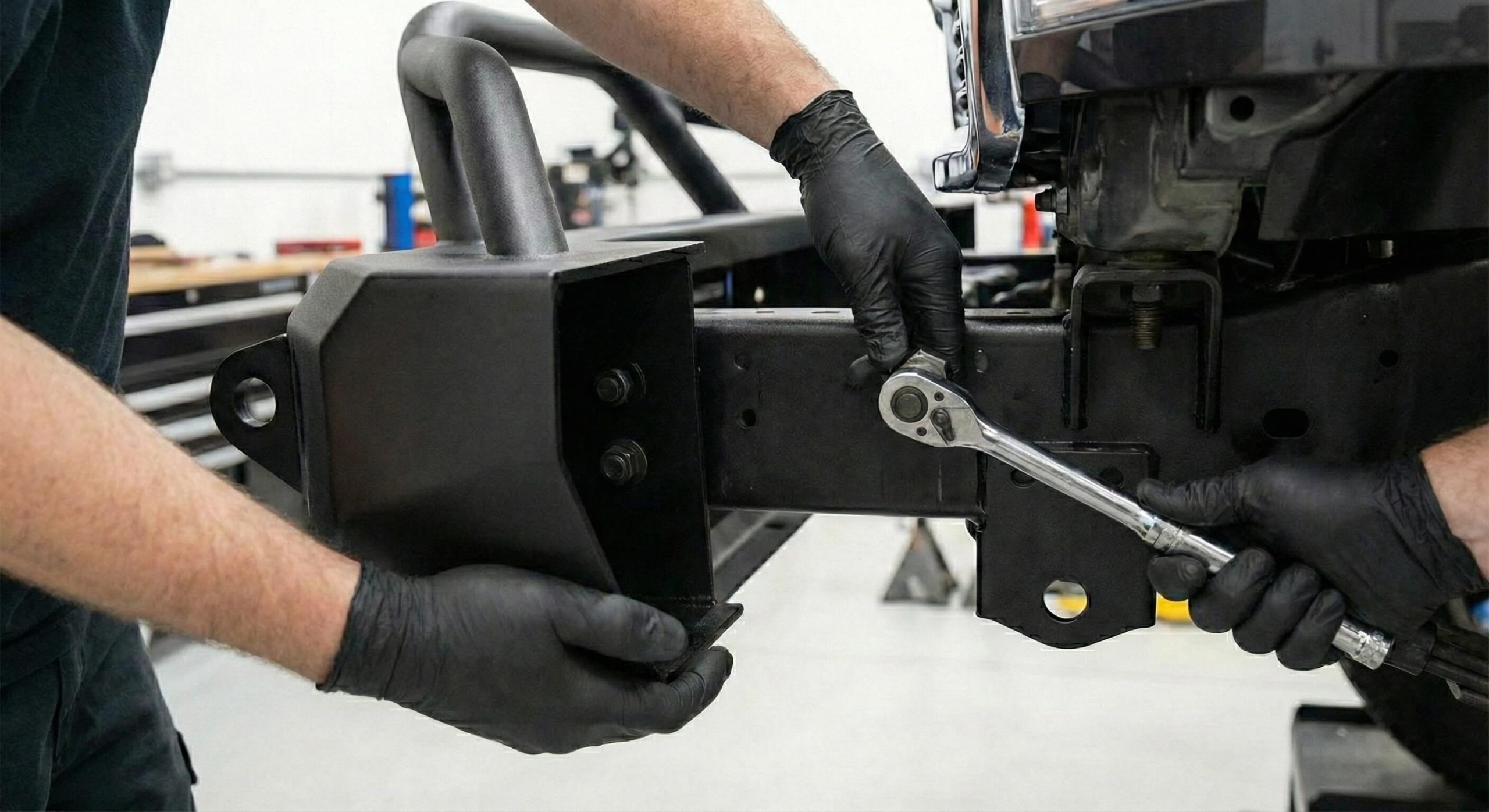 Technician installing heavy-duty steel pickup bumper onto truck frame using ratchet wrench