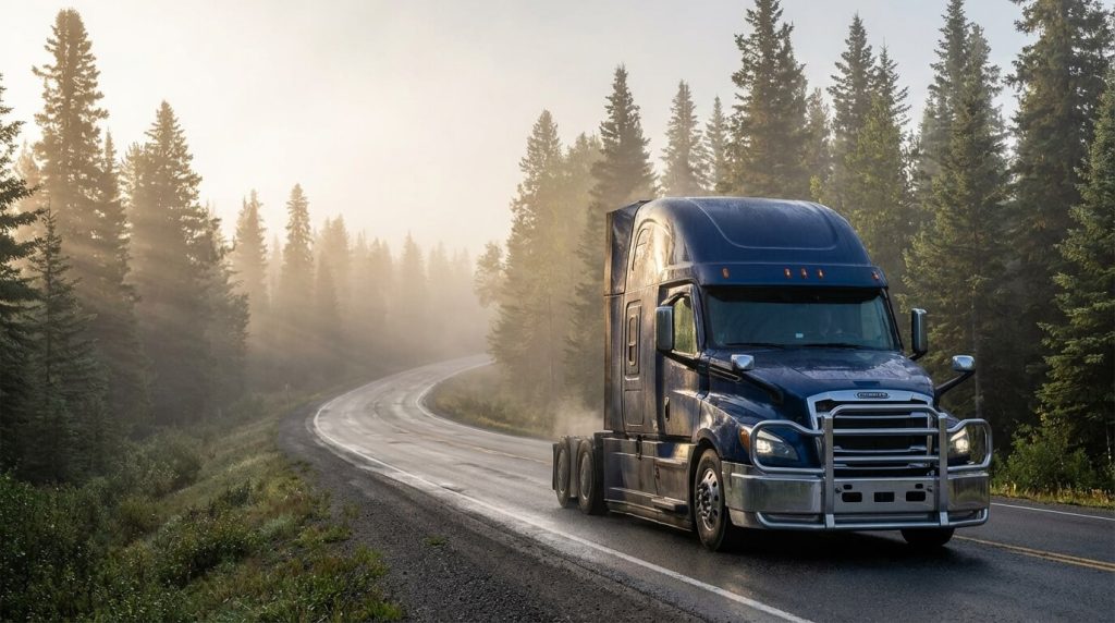 Heavy-duty aluminum moose bumper installed on a Freightliner semi truck driving through a northern forest highway at sunrise