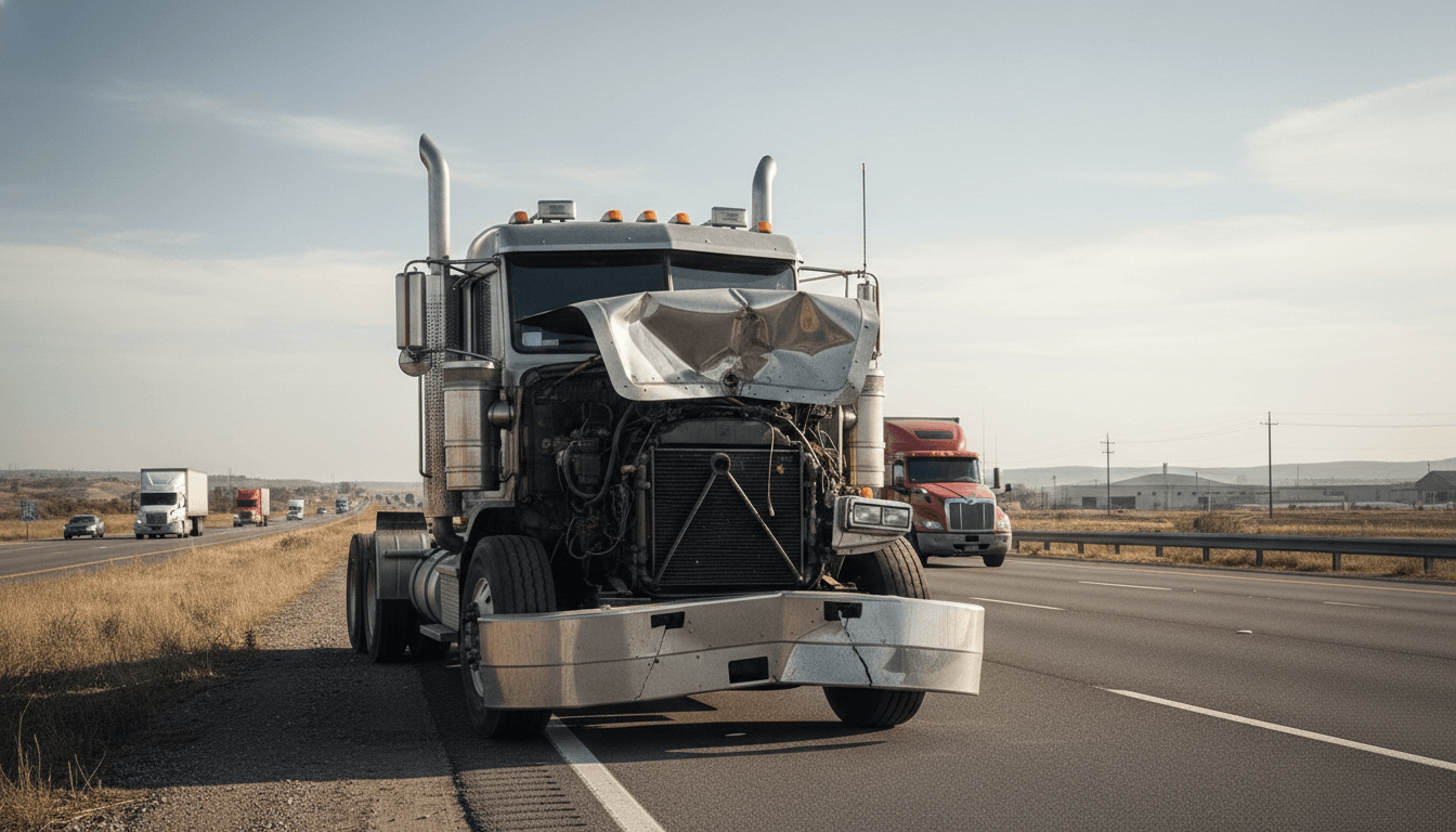 Damaged heavy-duty truck with severe front-end impact parked on highway shoulder without front protection