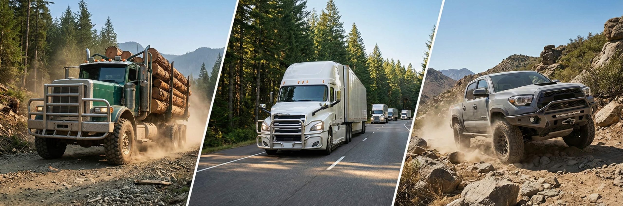 Heavy-duty logging truck with moose bumper, highway semi truck with grille guard, and off-road pickup with steel bumper operating in real-world environments, representing manufacturing case studies for fleet and industrial applications