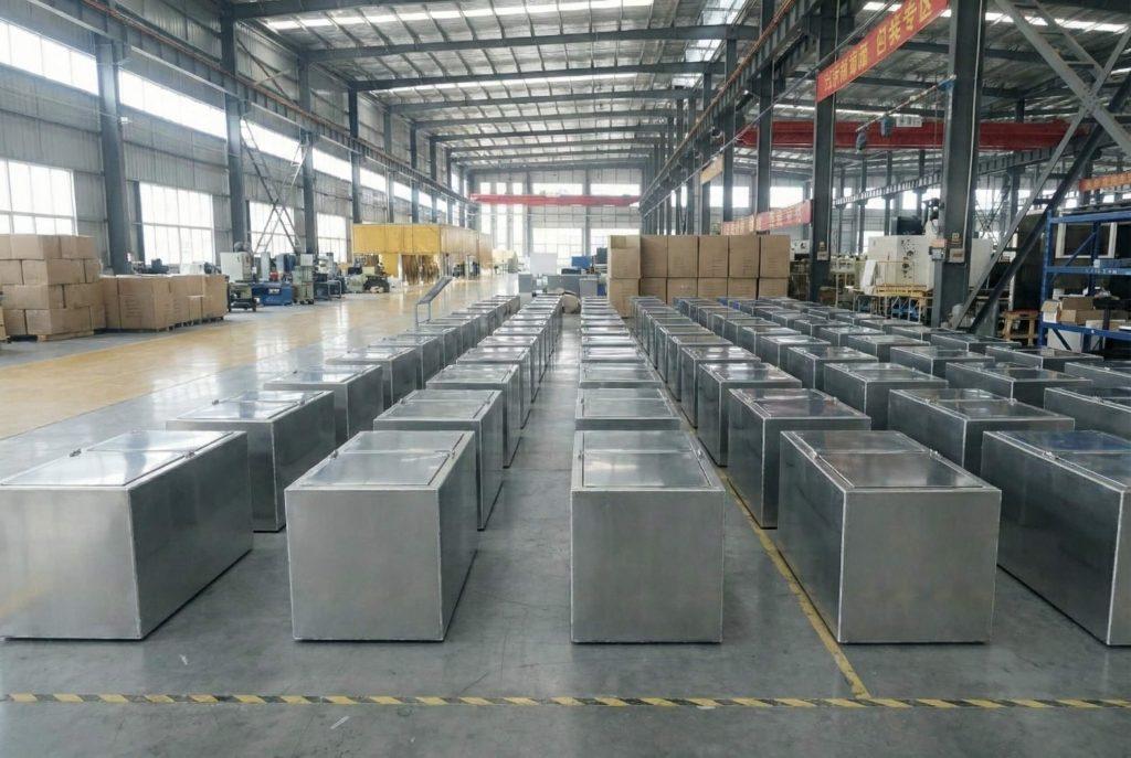 Class 8 truck aluminum tool boxes lined up in a manufacturing workshop, heavy-duty underbody storage compartments ready for fleet and OEM production