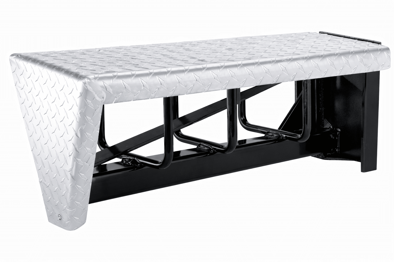 Heavy-duty truck chain hanger box with aluminum diamond plate cover and welded steel frame for snow chain storage