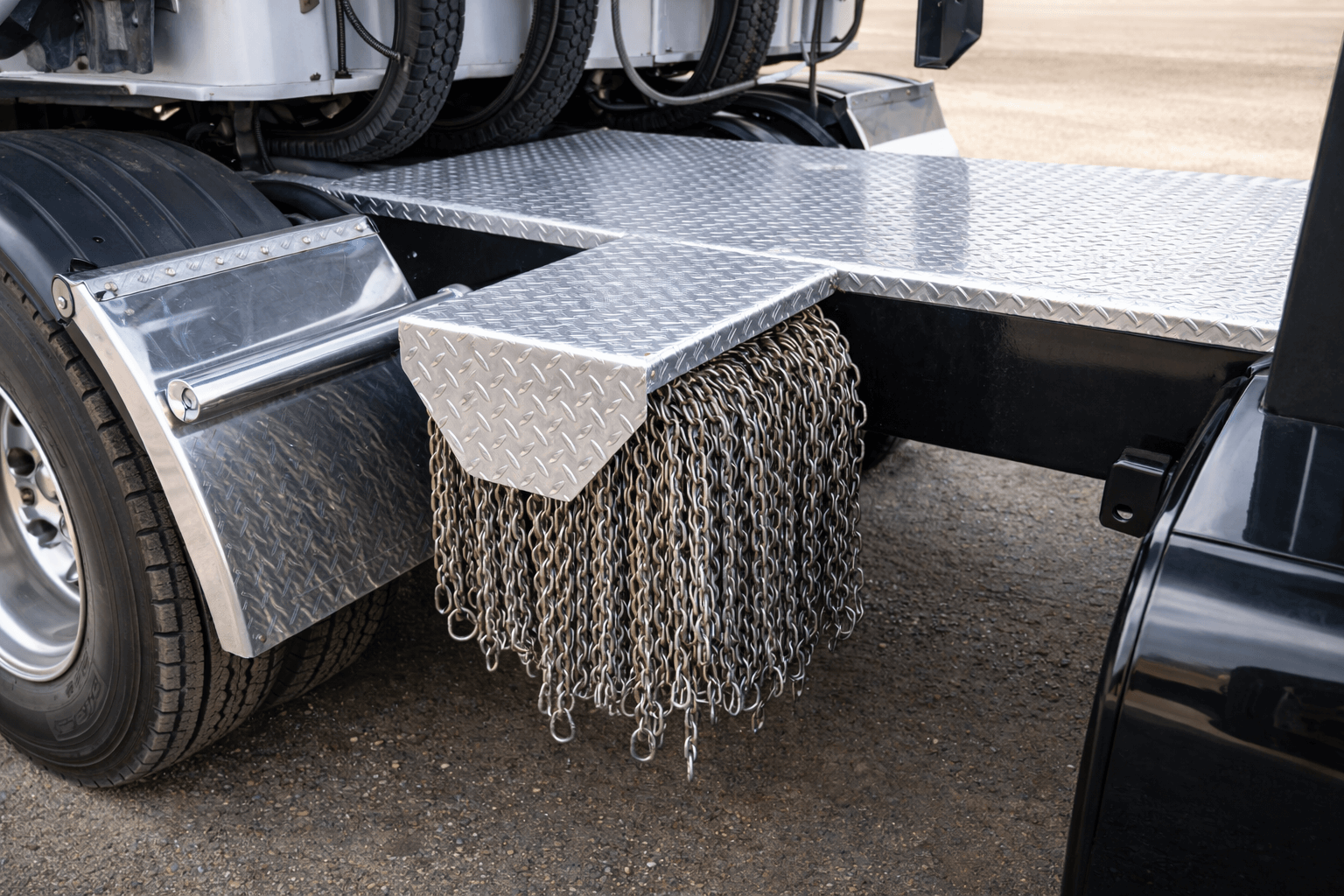 Mounted aluminum chain hanger with heavy-duty tire chains on a North American semi-truck chassis