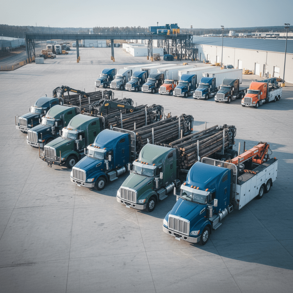 Heavy-duty logging trucks and service fleet lined up in an industrial yard, equipped for commercial transport and demanding fleet operations