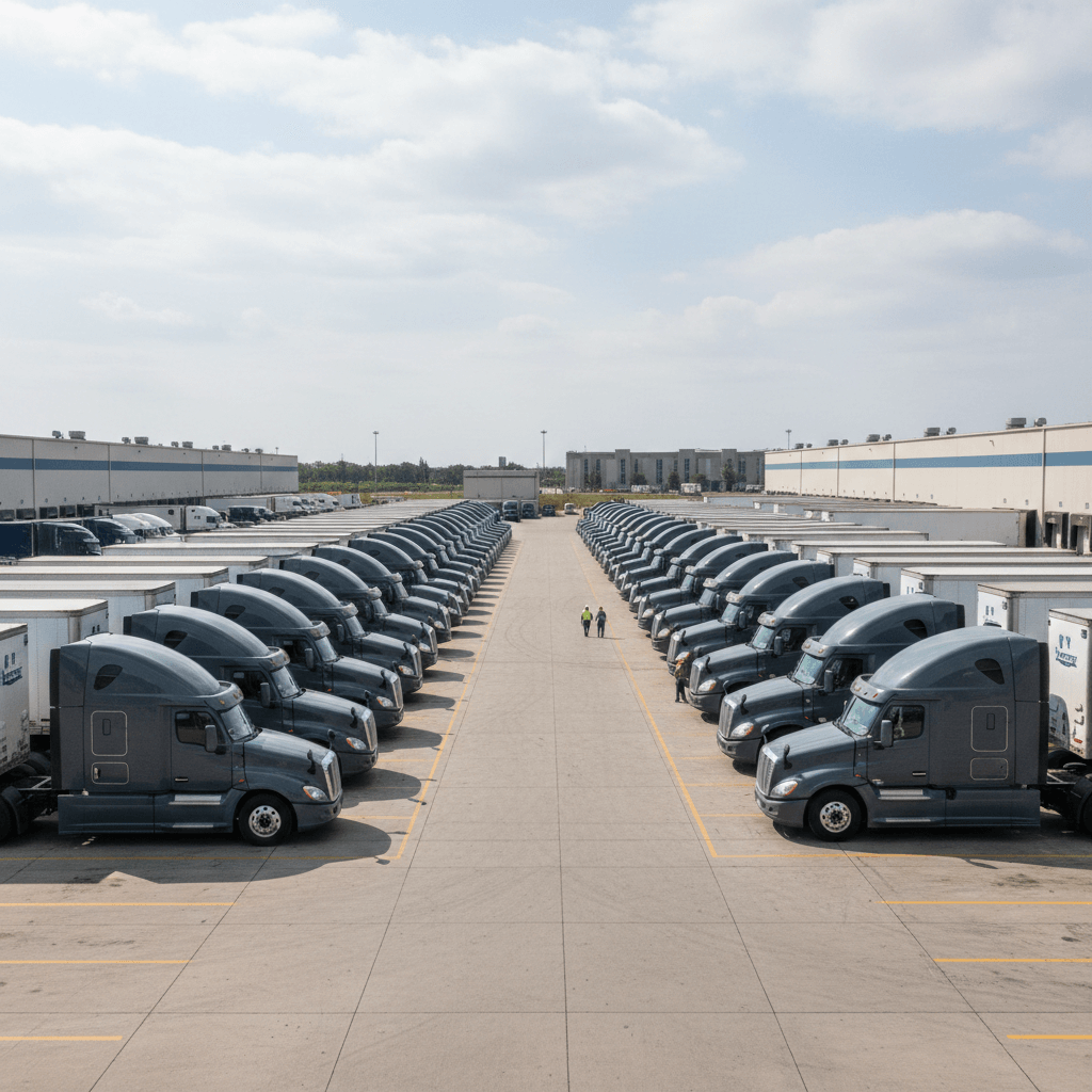 Large fleet of heavy-duty semi trucks parked in an organized logistics depot yard, illustrating long-haul fleet operations and scalable OEM fleet program support