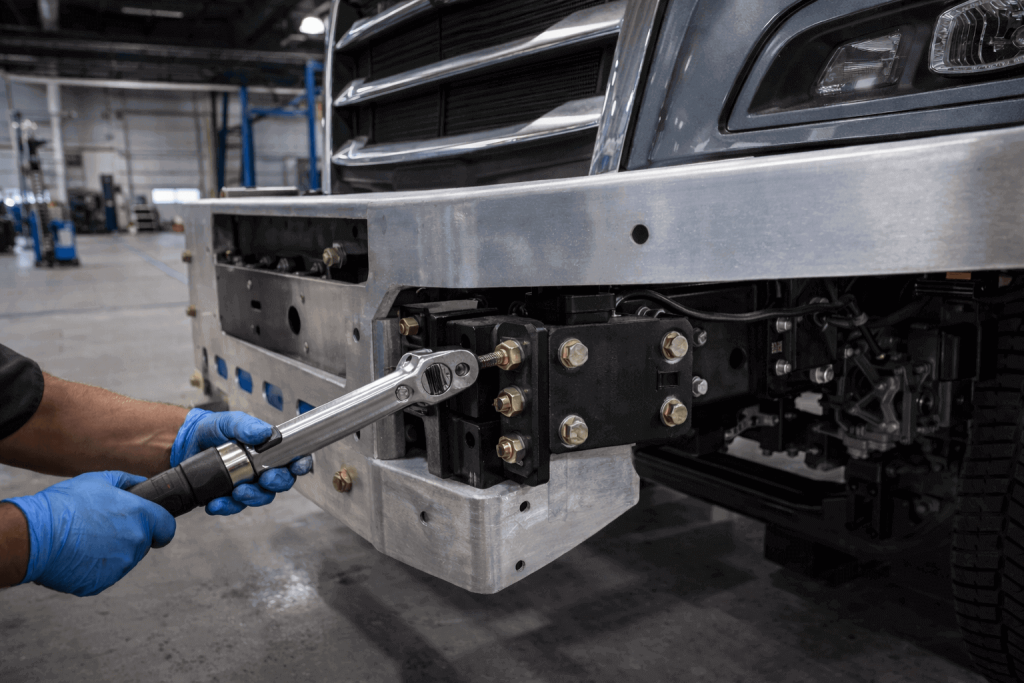 Professional installation of heavy duty moose bumper on Freightliner with Grade 8 hardware and frame-mounted brackets