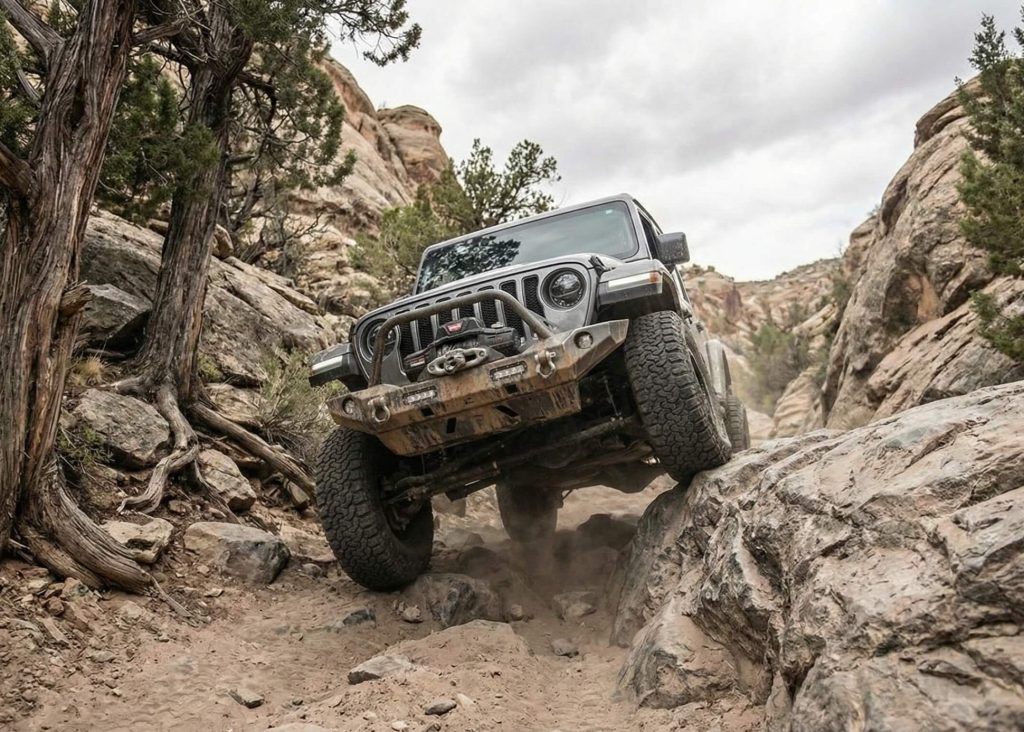 Off-road pickup truck equipped with heavy-duty steel bumper climbing rocky terrain, demonstrating structural protection and frame load support in extreme conditions