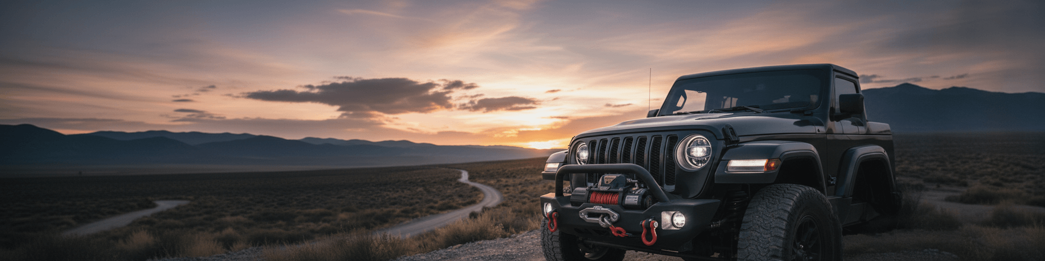 Jeep off-road vehicle equipped with a heavy-duty steel front bumper and winch parked on a rocky mountain trail at sunset, designed for off-road protection and overland applications