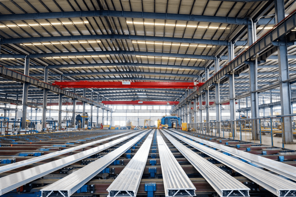 Aluminum extrusion production line inside a large-scale metal fabrication factory with automated conveyors and overhead cranes