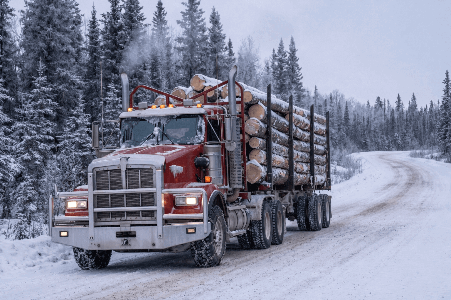 Heavy-duty logging truck equipped with aluminum moose bumper driving on snowy northern forest road for front-end animal collision protection