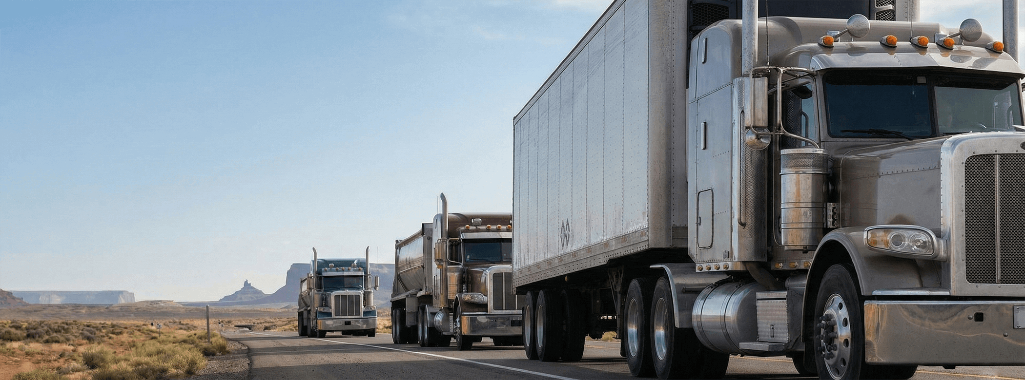 Heavy-duty semi trucks driving on highway in long-haul fleet operation across desert landscape 强调Fleet应用版