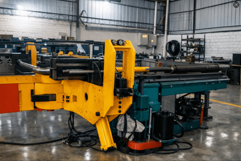 Heavy-duty steel fabrication equipment inside truck bumper manufacturing workshop, industrial tube bending and forming machine used for structural moose bumper production