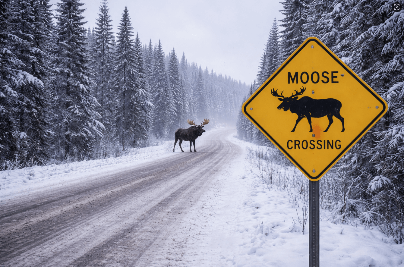 Moose crossing snowy forest road with wildlife warning sign on remote northern highway, illustrating animal collision risks for logging and fleet trucks
