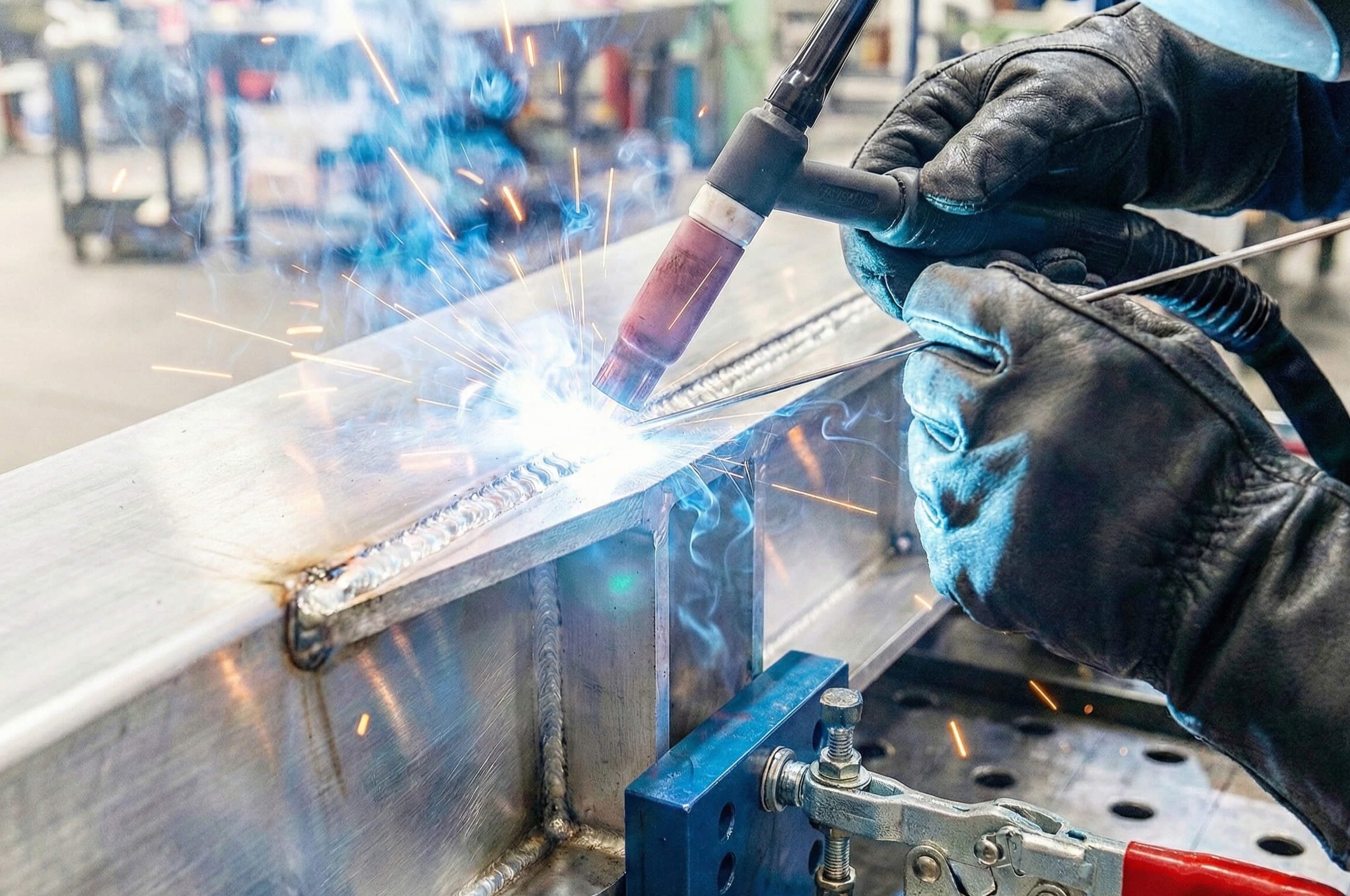Technician TIG welding a heavy-duty aluminum structural component secured in precision jigs inside an industrial manufacturing workshop