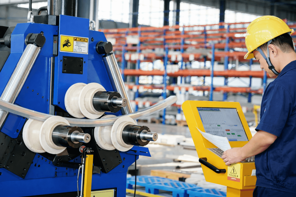 Technician operating CNC tube bending machine for precision steel component fabrication