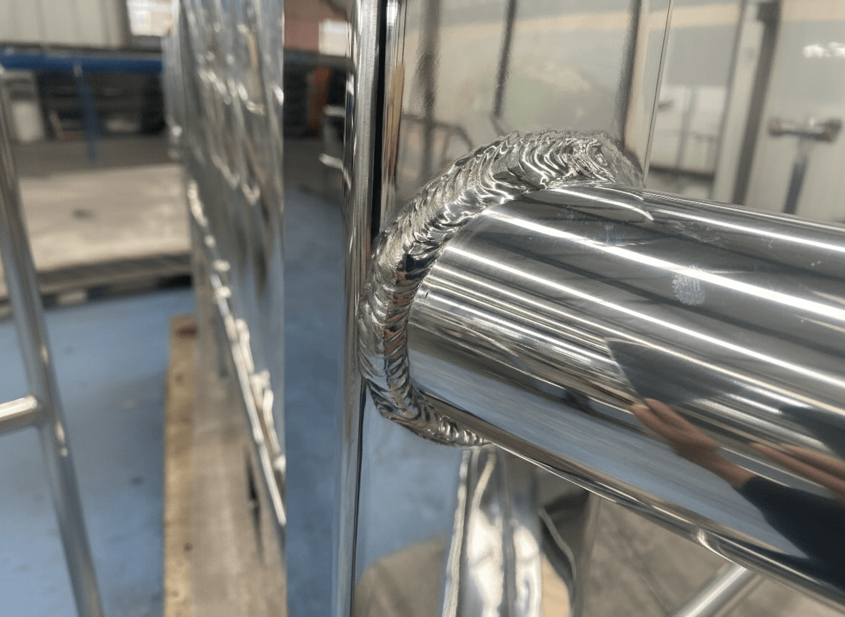 Close-up of TIG welded aluminum tube joint on a structural truck accessory frame showing clean weld bead and precision fabrication