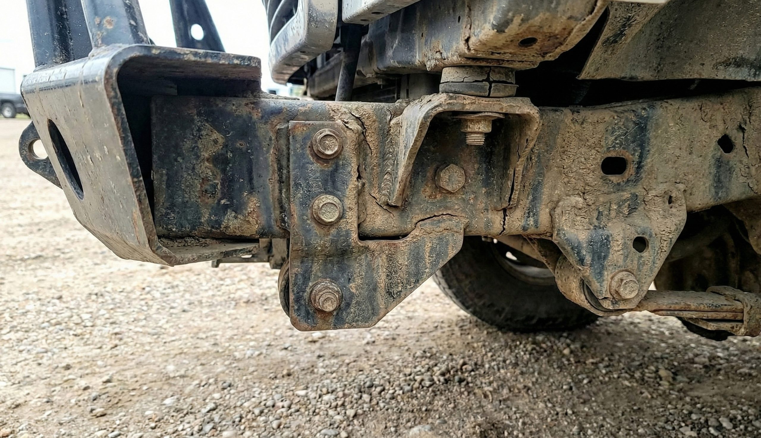 Heavy-duty pickup truck frame and bumper mounting point showing dirt, wear, and real-world off-road stress