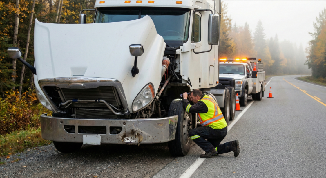 Heavy-duty semi truck stopped on roadside with hood open while technician performs front-end inspection and repairs, illustrating fleet downtime caused by minor collision damage