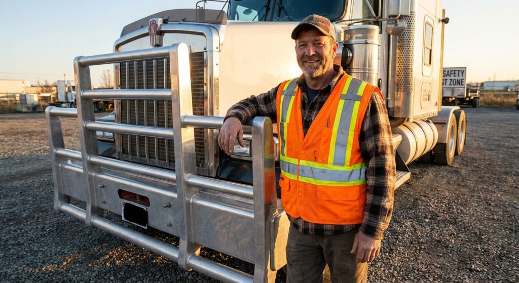 Truck driver standing beside a heavy-duty semi truck equipped with a stainless steel grille guard in an outdoor worksite