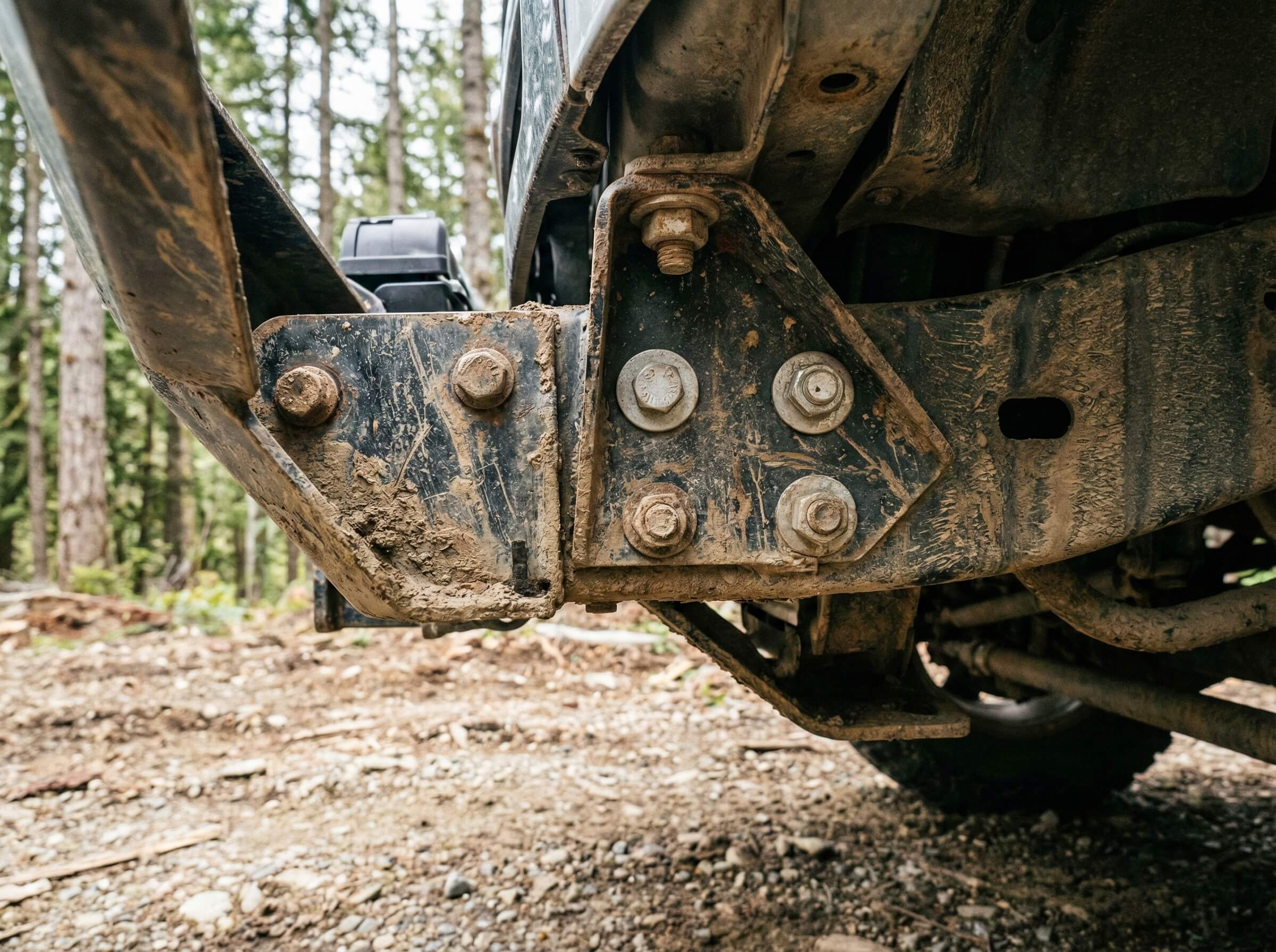 Heavy-duty steel pickup bumper mounting bracket bolted directly to truck frame rail with multi-point fasteners, showing real-world mud and wear for load-bearing frame protection