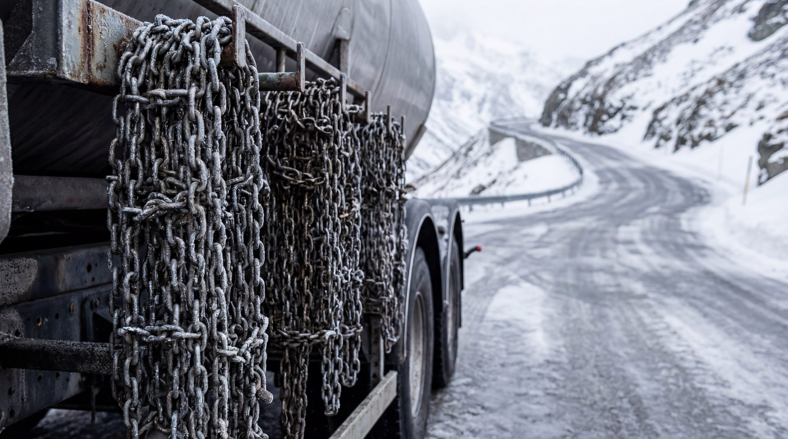 Heavy-duty truck tire chains mounted on chain hangers for winter snow and mountain fleet operations