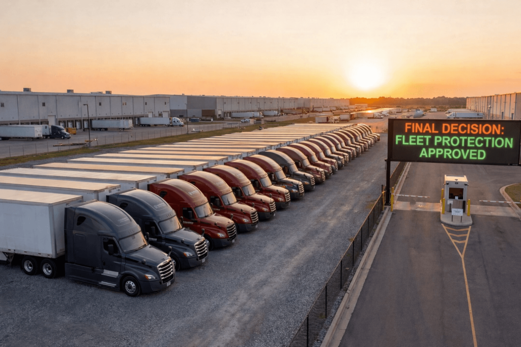 Fleet trucks at distribution center after truck guard materials comparison decision between steel and aluminum