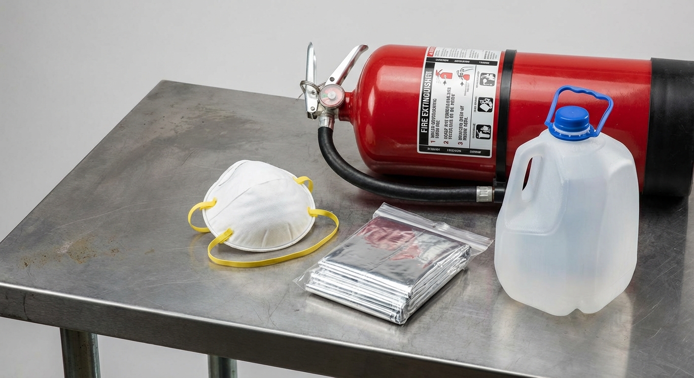 Wildfire emergency kit with fire extinguisher, N95 respirator, emergency blanket, and water jug, essential gear for wildfire safety for truck drivers.