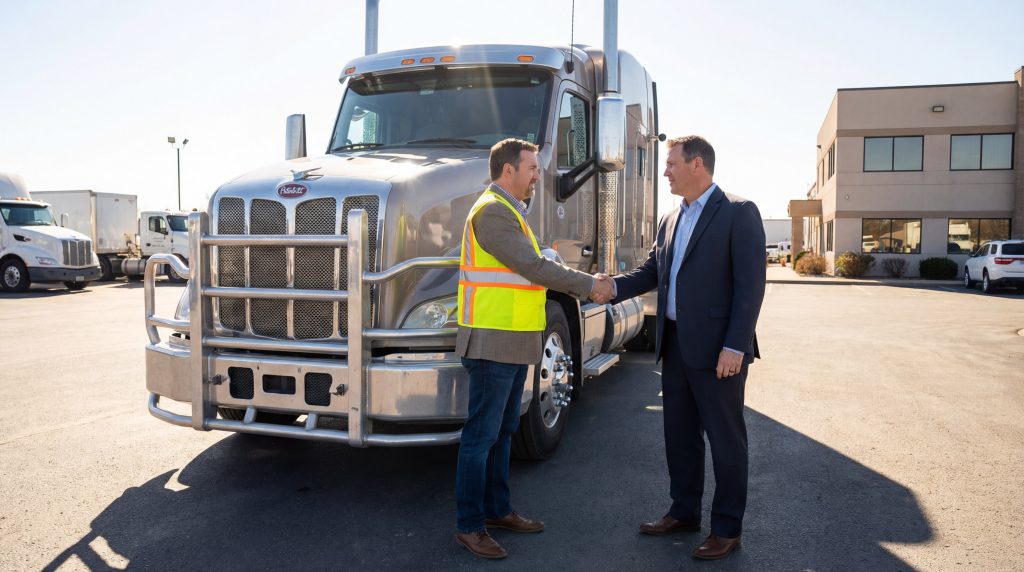 Fleet manager and logistics partner shaking hands beside a heavy-duty semi truck equipped with stainless steel grille guard and front-end protection
