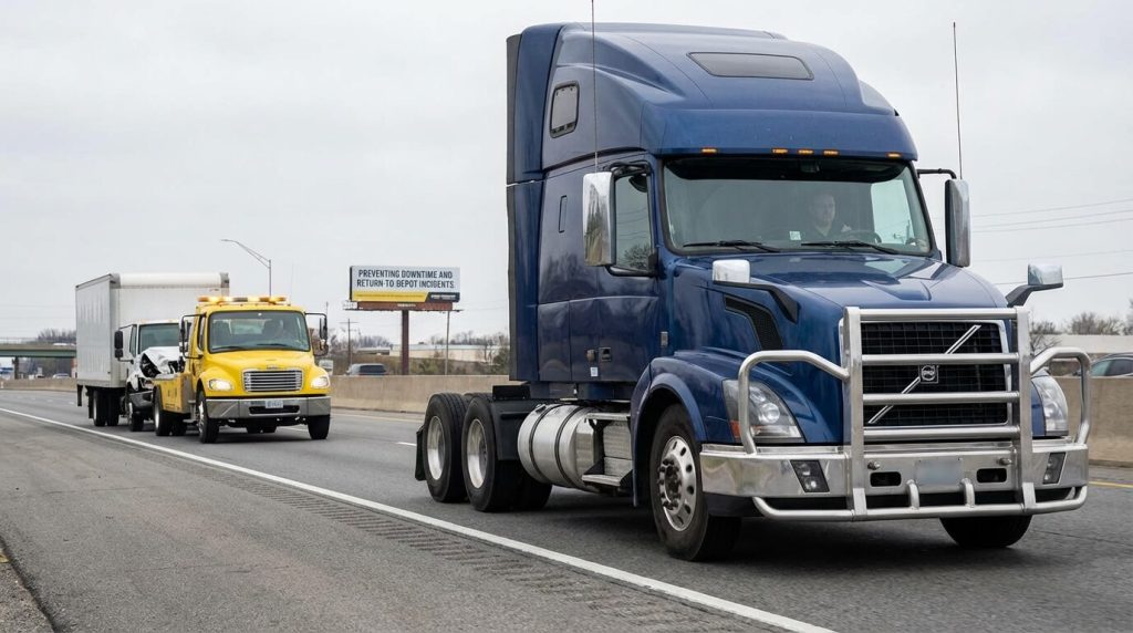 Volvo semi truck equipped with a heavy-duty moose bumper driving on a highway to prevent wildlife collision damage