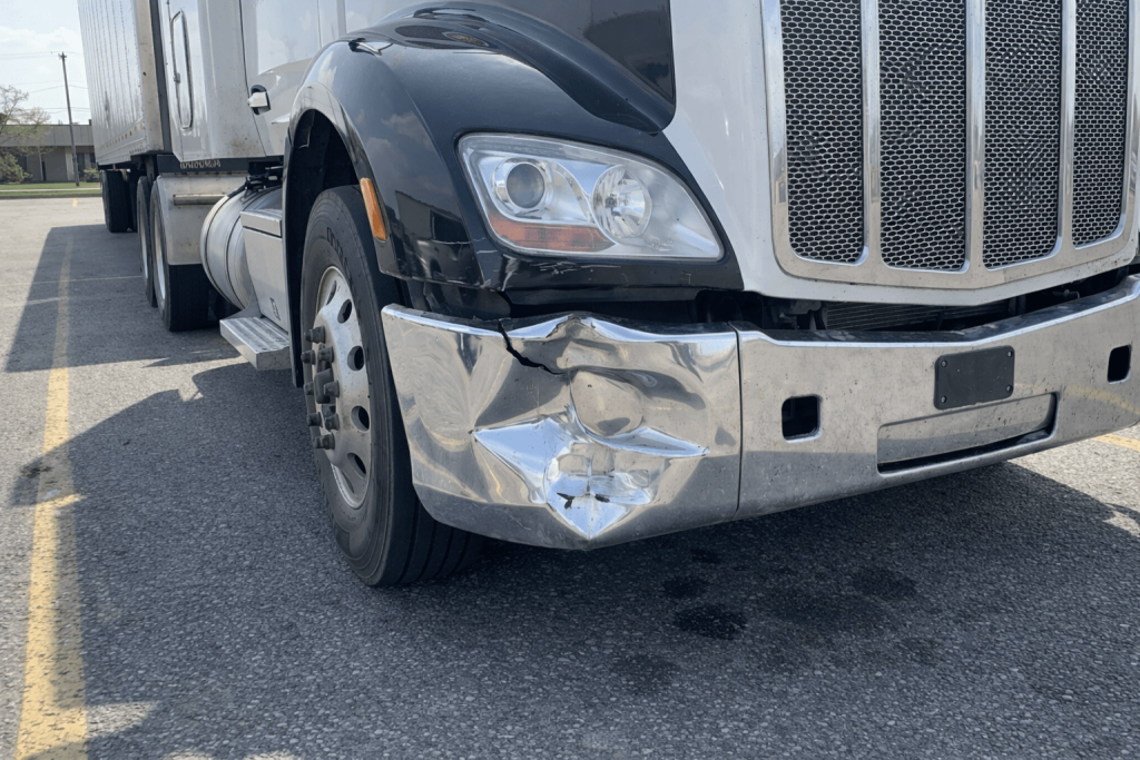 severely dented semi truck bumper showing structural damage and a clear example of when to replace semi truck parts
