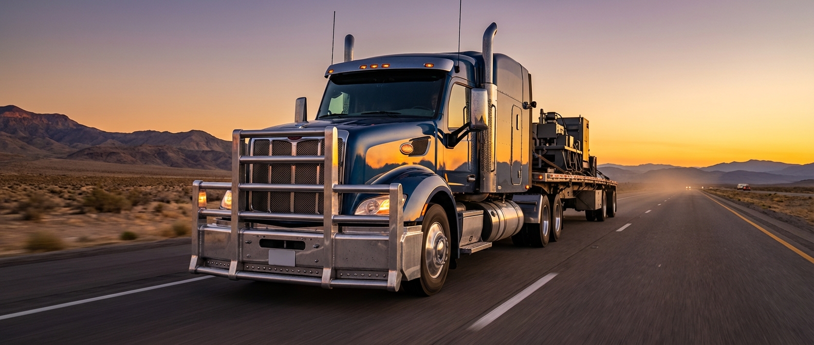 Heavy-duty Class 8 semi truck driving on an open North American highway during sunset