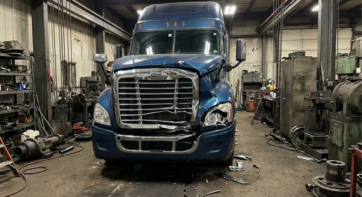 Damaged semi truck in a repair shop with shattered grille and hood