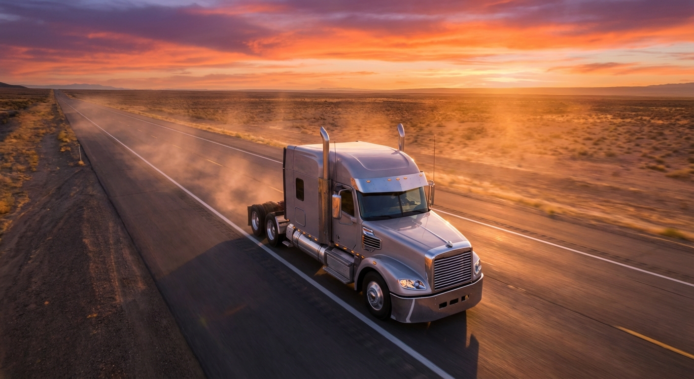 desert highway semi truck sunset