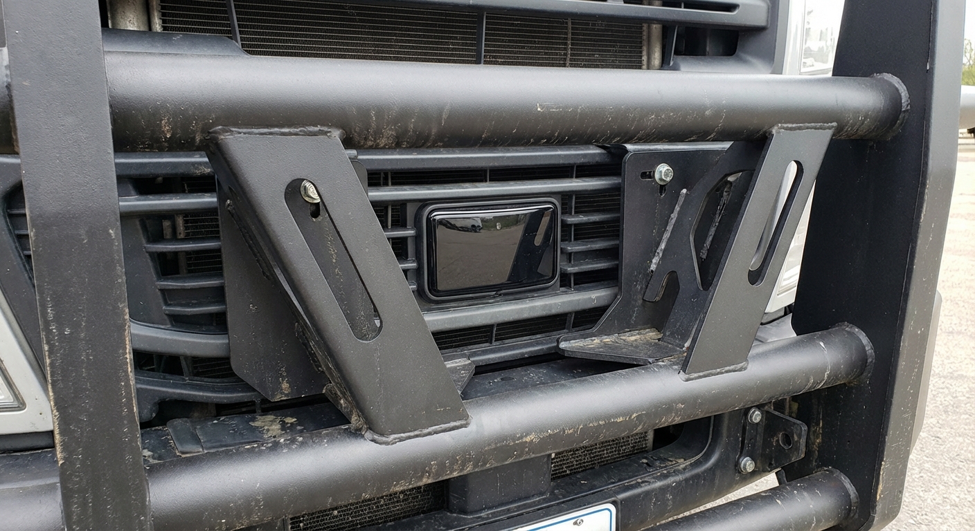 Close-up of a radar sensor bracket on a grille guard