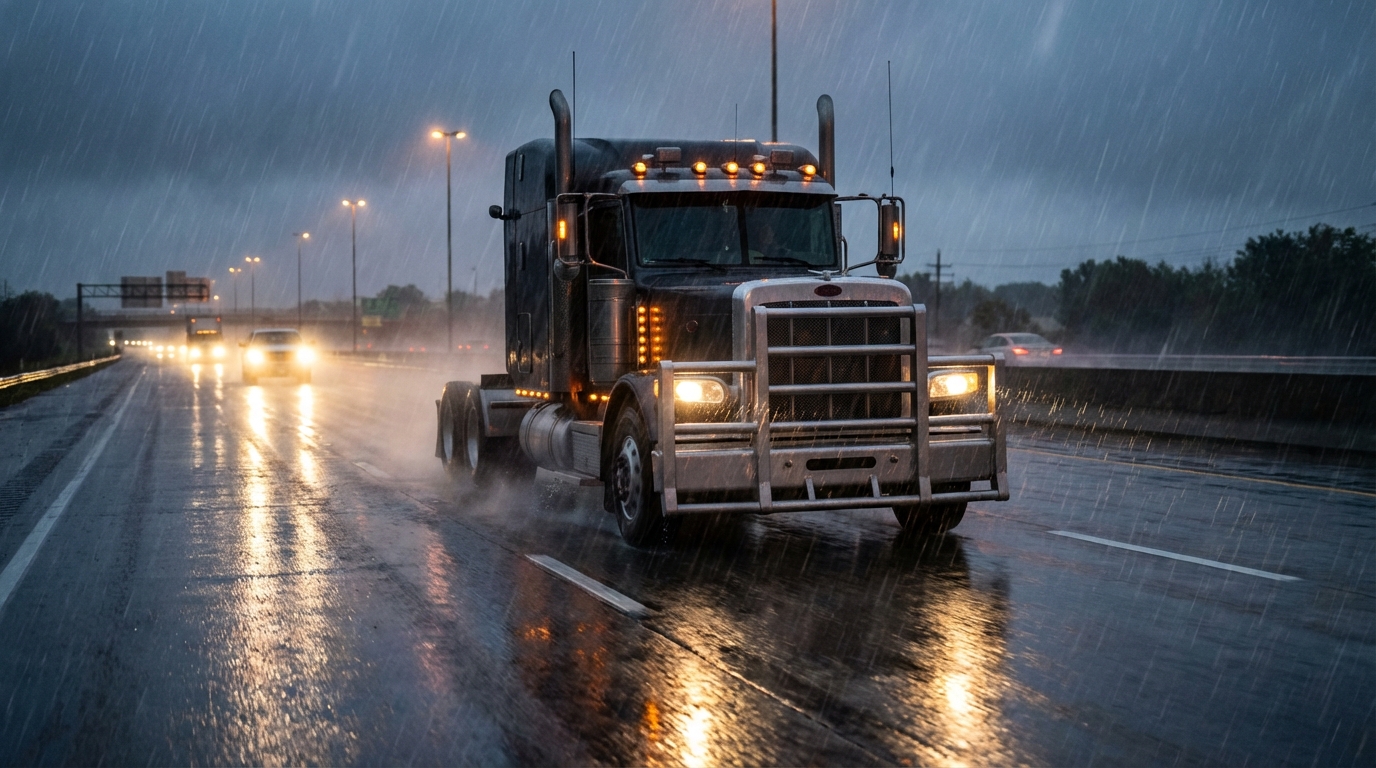 Heavy duty truck in rain on interstate