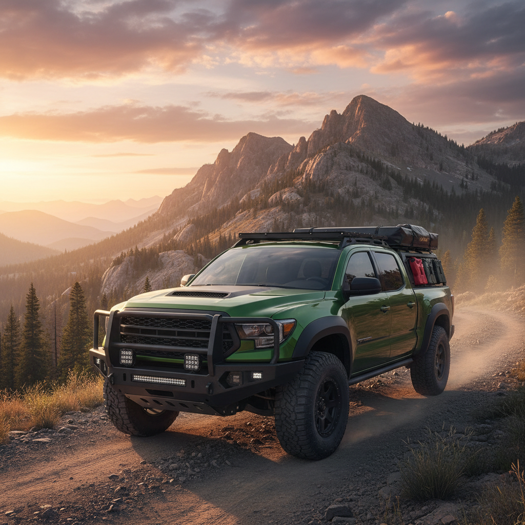 off-road pickup truck grille guard installation with heavy-duty front protection on rugged mountain terrain