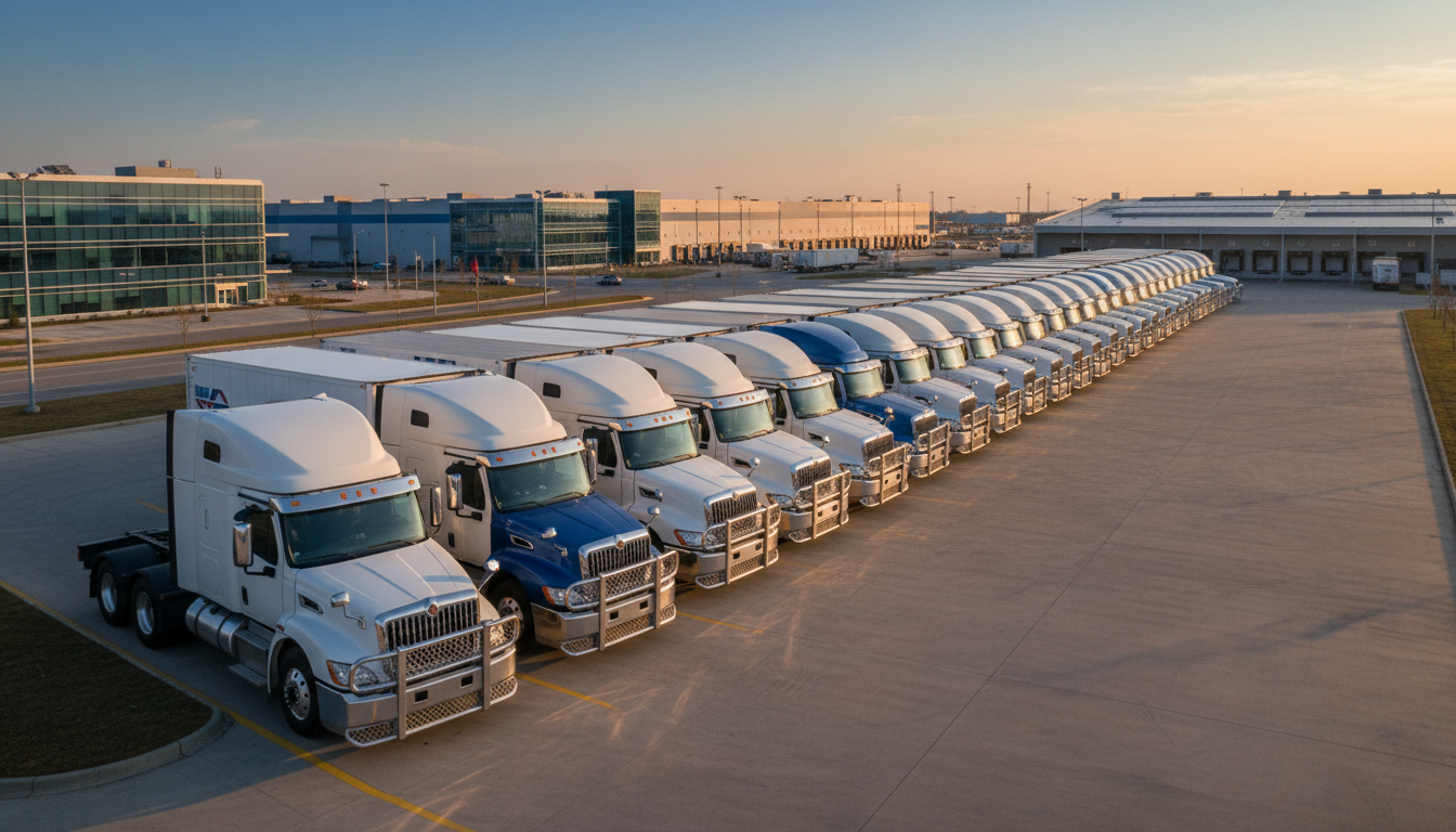 Overhead view of a logistics hub with dozens of semi trucks lined up, all with grille guards