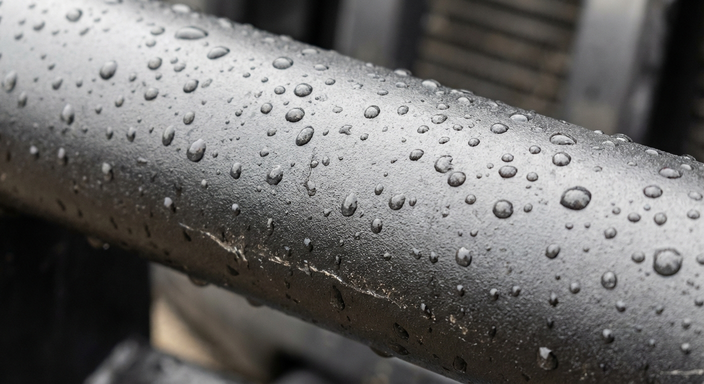 Macro shot of powder-coated black finish on a steel grille guard with water droplets