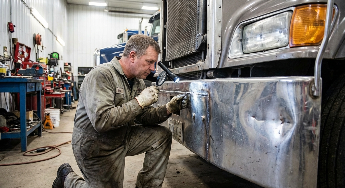 mechanic inspecting semi truck bumper
