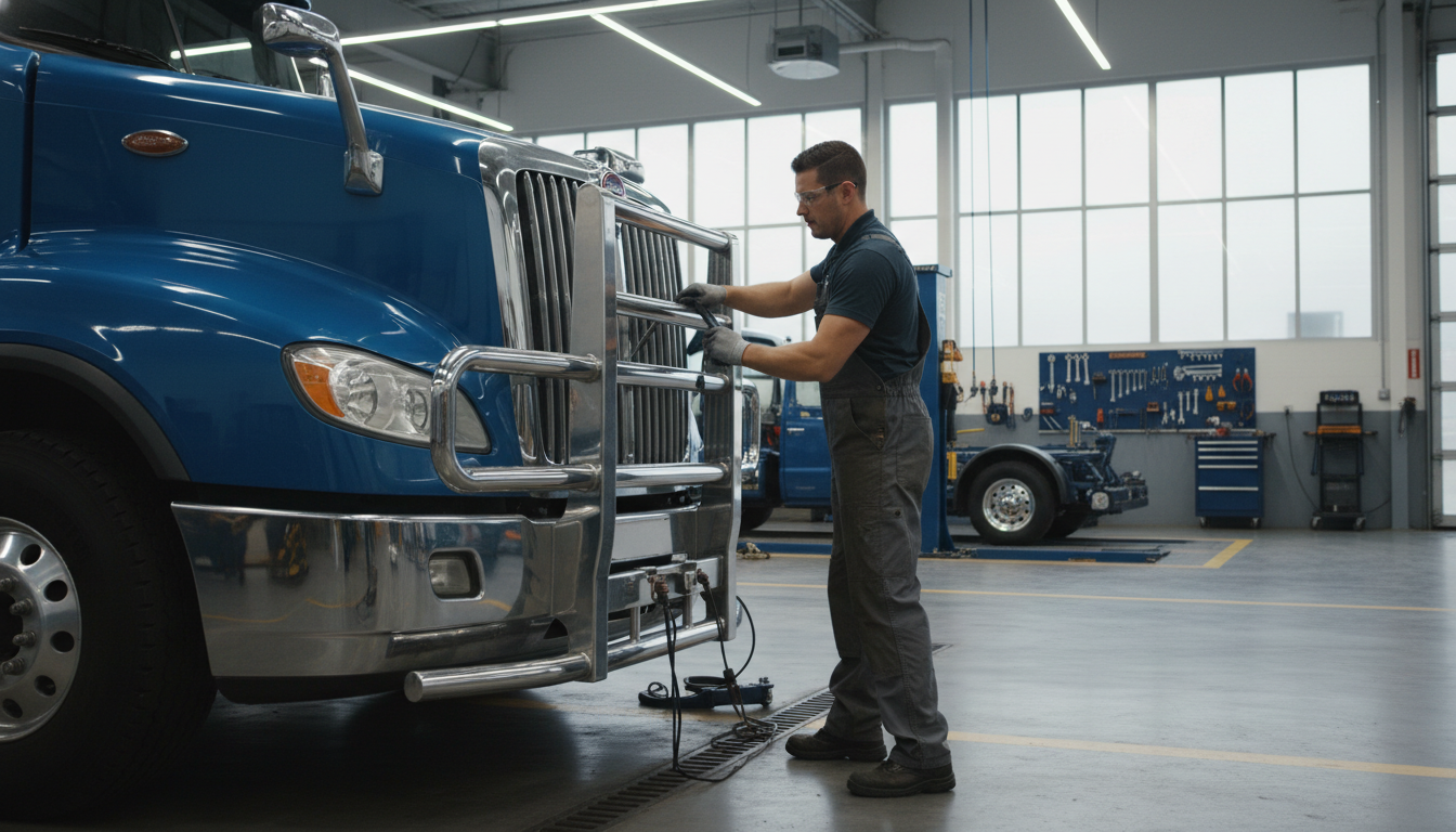 Technician installing a large chrome grille guard on a blue semi truck in a professional shop